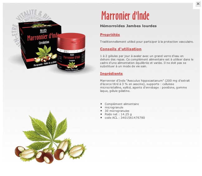 Fiche avec la présentation du packaging de gélules au marron d’Inde, de la gamme SID Nutrition.