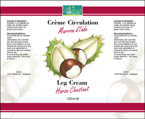 Étiquette de packaging de gélules au marron d’Inde, de la marque Vital Beauty.